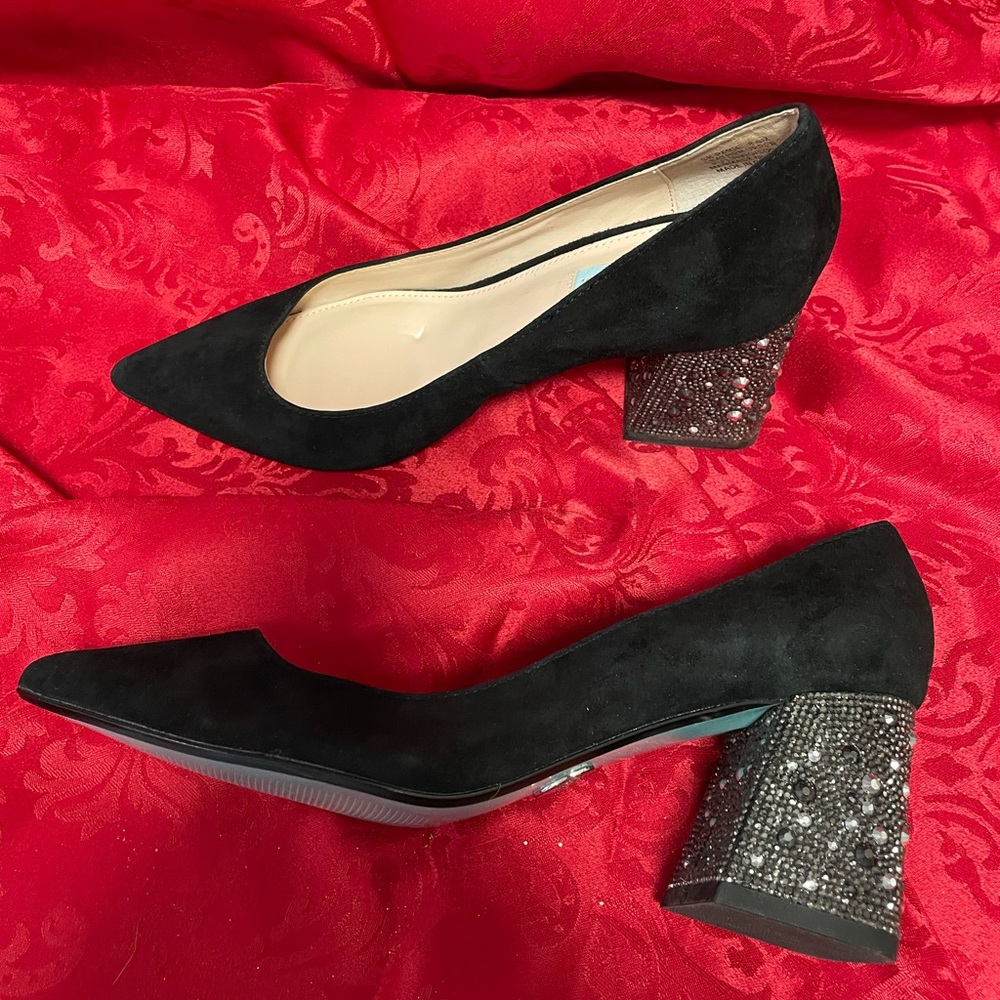 Elegant Black Suede Heels with Embellished Block Heel